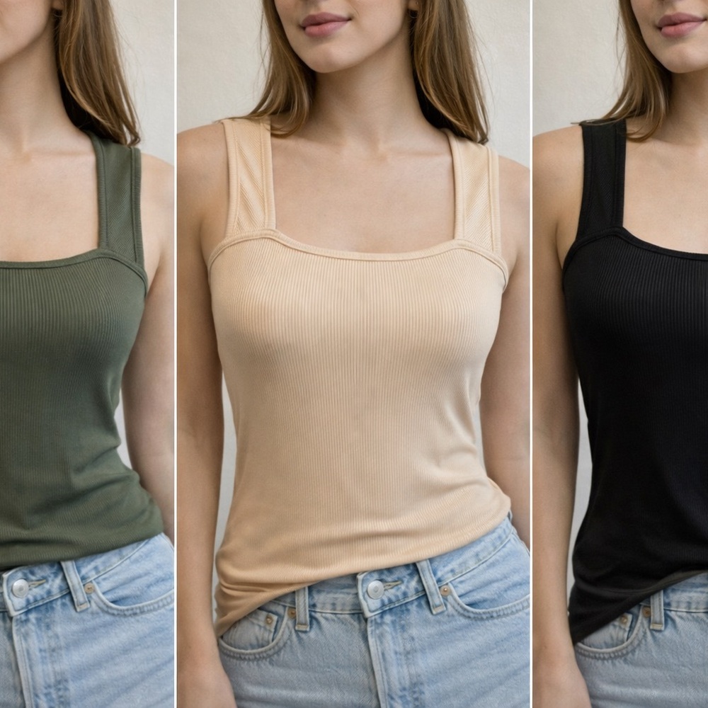 3-Piece Ribbed Bodysuit Set – Black, Beige & Olive (Size M)